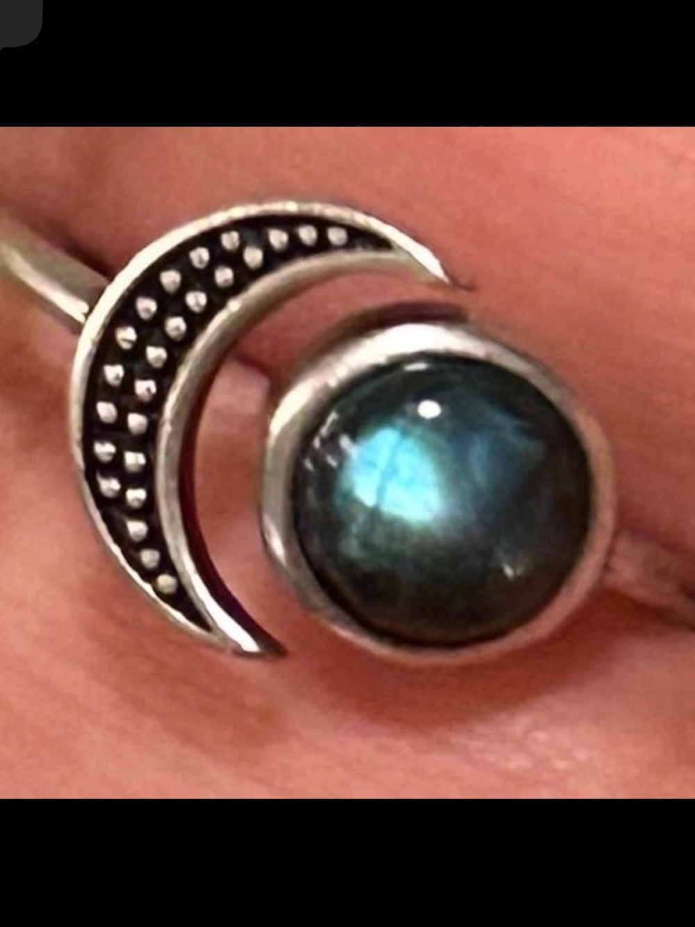 Sterling Silver Crescent Moon Ring Labradorite Blue Green Crystal Gemstone S925